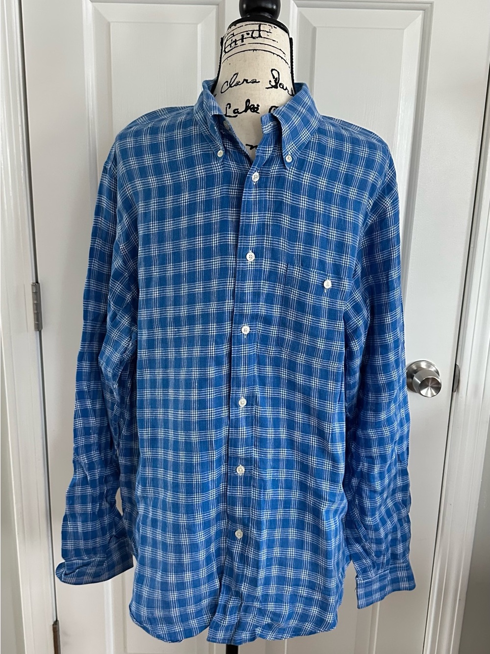 Brooks Brothers Linen Mens Regent XL Long Sleeve Button Down Shirt Blue & White